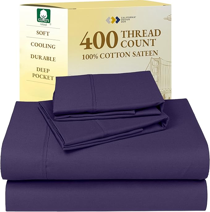 California Design Den King Size Sheets Set - 400 Thread Count Sateen, Natural 100% Cotton Sheets with Deep Pockets, Breathable, and Durable Bedding Set - Purple CaliforniaDesignDen