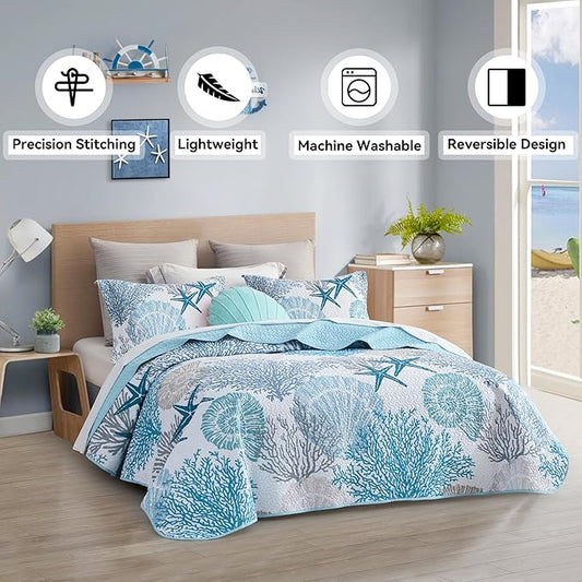 Tritard 2 Piece Coastal Quilt Sets Twin Size - Reversible Microfiber Quilts with 1 Sham Soft Lightweight Beach Bedding Nautical Bedspread Coverlet Summer Comforter Set for All Season, 68''x86''