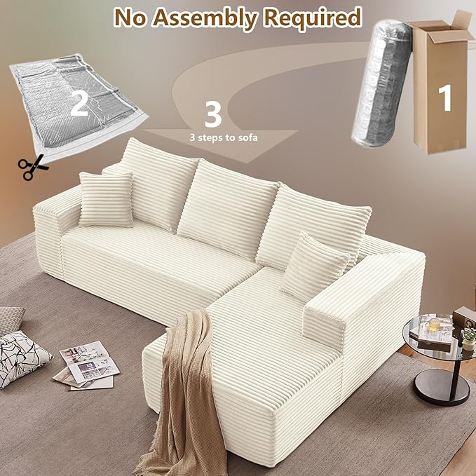 107" Cloud Sectional Couch with L-Shape Chaise, Modern Modular Comfy Sofa Chaise Longue, Upholstered Corduroy Couches Sleeper with Deep Seat for Living Room Bedroom, No Assembly Required, White