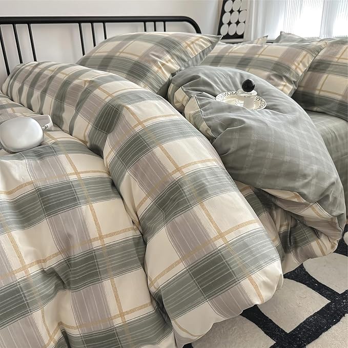 VM VOUGEMARKET Plaid Bedding Set King 100% Cotton Green Grid Duvet Cover Set,Modern Men Boy's Comforter Cover with Zipper Closure-King