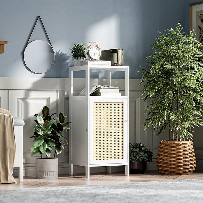 Bamboo Floor Rattan Cabinet, Narrow Bathroom Storage Organizer Rack, Space Saving Wood Kitchen Cupboard, Hallway Side Table, Living Room Stand with Single Door and 1 Shelf (White)