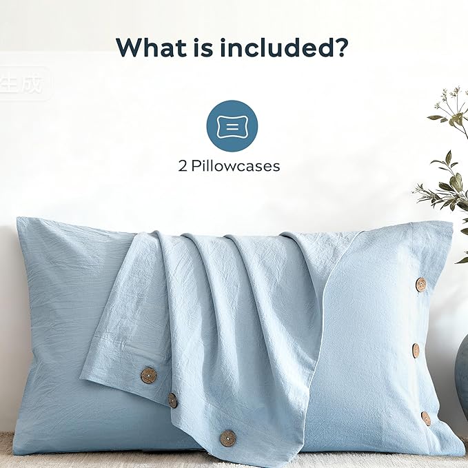 JELLYMONI 100% Washed Cotton Standard Pillowcases Set, 2 Pack Linen-Like Texture Breathable Pillow Covers with Button Closure,Mist Blue Standard 20"×26"(Pillows are not Included)