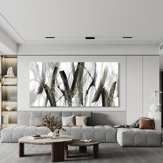 Large Modern Wall Art for Living Room, Bedroom, Office - Black and Gold Wall Pictures Abstract Paintings, Artwork - Black and White Wall Decor, Grey Tone29×58IN