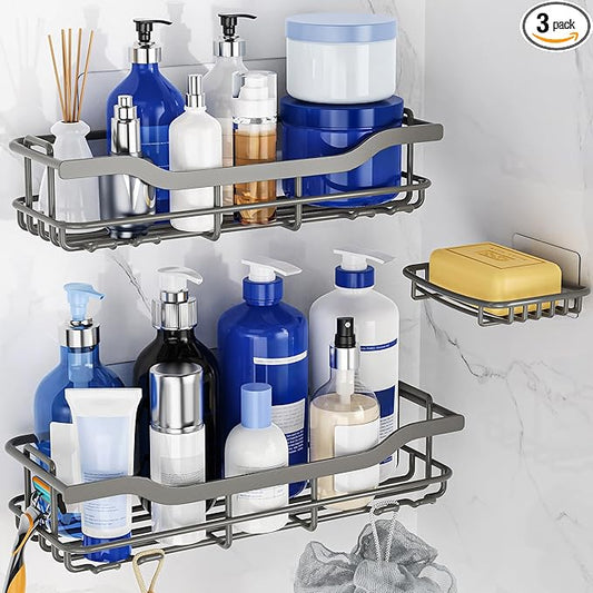 OMAIRA 3-Pack Shower Caddy with Soap Holder, Adhesive Rustproof No-drill Strudy Loading Inside Shower Organizer Shelves Rack Storage Bathroom Organization for Smooth Wall Glass Tile, Grey (X-Large)