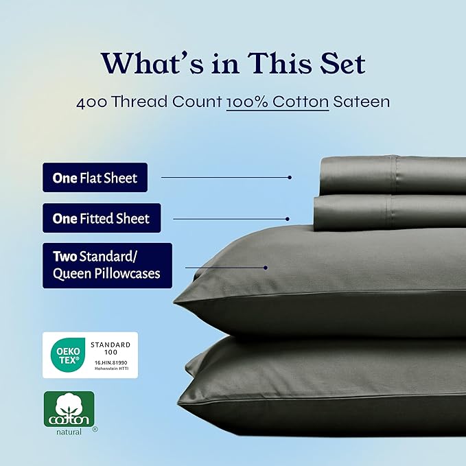 California Design Den Soft Queen Sheet Set - Soft 400 Thread Count Sateen, Natural 100% Cotton Sheets for Queen Size Bed, Deep Pockets for a Snug Fit, Durable Bedding Set - Grey CaliforniaDesignDen
