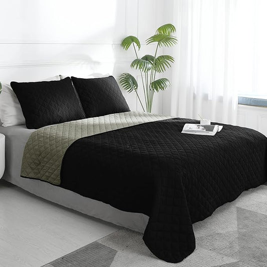 Easy-Going King Size Reversible Quilt Set with 1 Quilt and 2 Pillow Shams, Soft Bed Quilt Cover, Water Resistant Lightweight Microfiber Bedspread, Stain Resistant, Black/Beige