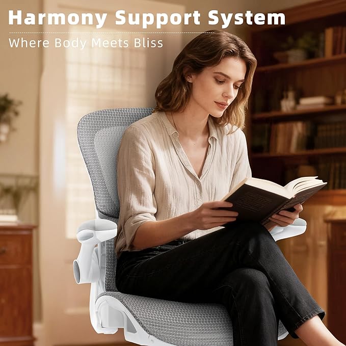 Office Chair, Ergonomic Desk Chair with Adjustable High Back 2D Lumbar Support Flip-up Armrests, Executive Breathable Mesh Comfy Swivel Rolling Computer Task Chair for Home Office Study Work Gaming
