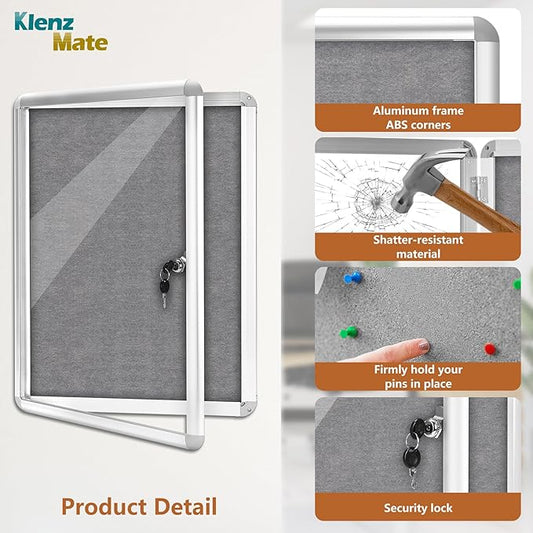 24"x18" Enclosed Cork Bulletin Board Tamper-Proof Dispaly Case,Grey Fabric&Aluminium Frame,Shatter Resistant Lockable Bulletin Board with Clear Acrylic Door for School,Office,Mall,Community,Hospital