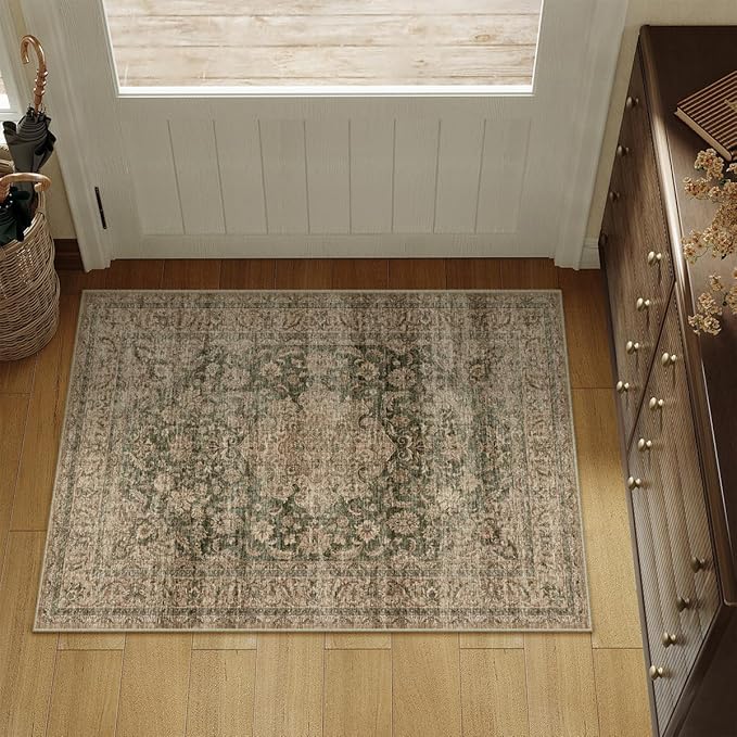 2x3 Washable Vintage Area Rug Green Brown Entryway Kitchen Carpet Non-Slip Soft Low Pile Distressed Indoor Small Throw Rug for Bedroom Bathroom Entrance