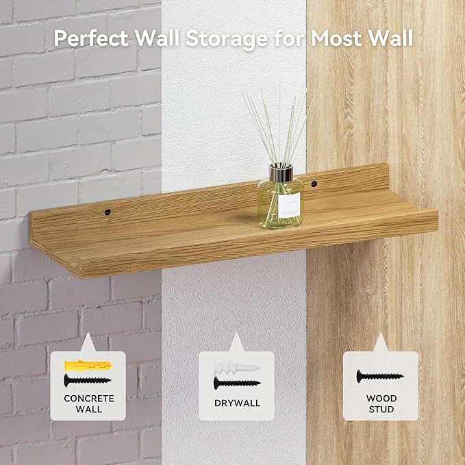 Floating Shelves Set of 2, Modern Wall Shelves with Lip, Display Picture Ledge for Bedroom, Living Room, Bathroom, Kitchen - Oak