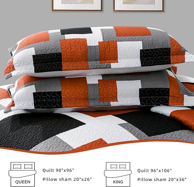 2 Piece Orange Grey Quilt Set Twin Size Black White Gray Geometric Reversible Bedding Set Microfiber Lightweight Bedspread Coverlet with 1 Sham Modern Bed Covers for All Season, 68''x86''