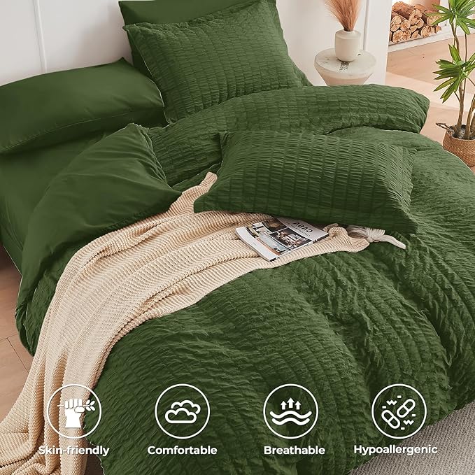 HYMOKEGE Olive Green Twin Comforter Set Seersucker 5 Pieces, All Season Luxury Bed in a Bag for Bedroom, Bedding Set with Comforter, Sheets, Pillowcase & Sham