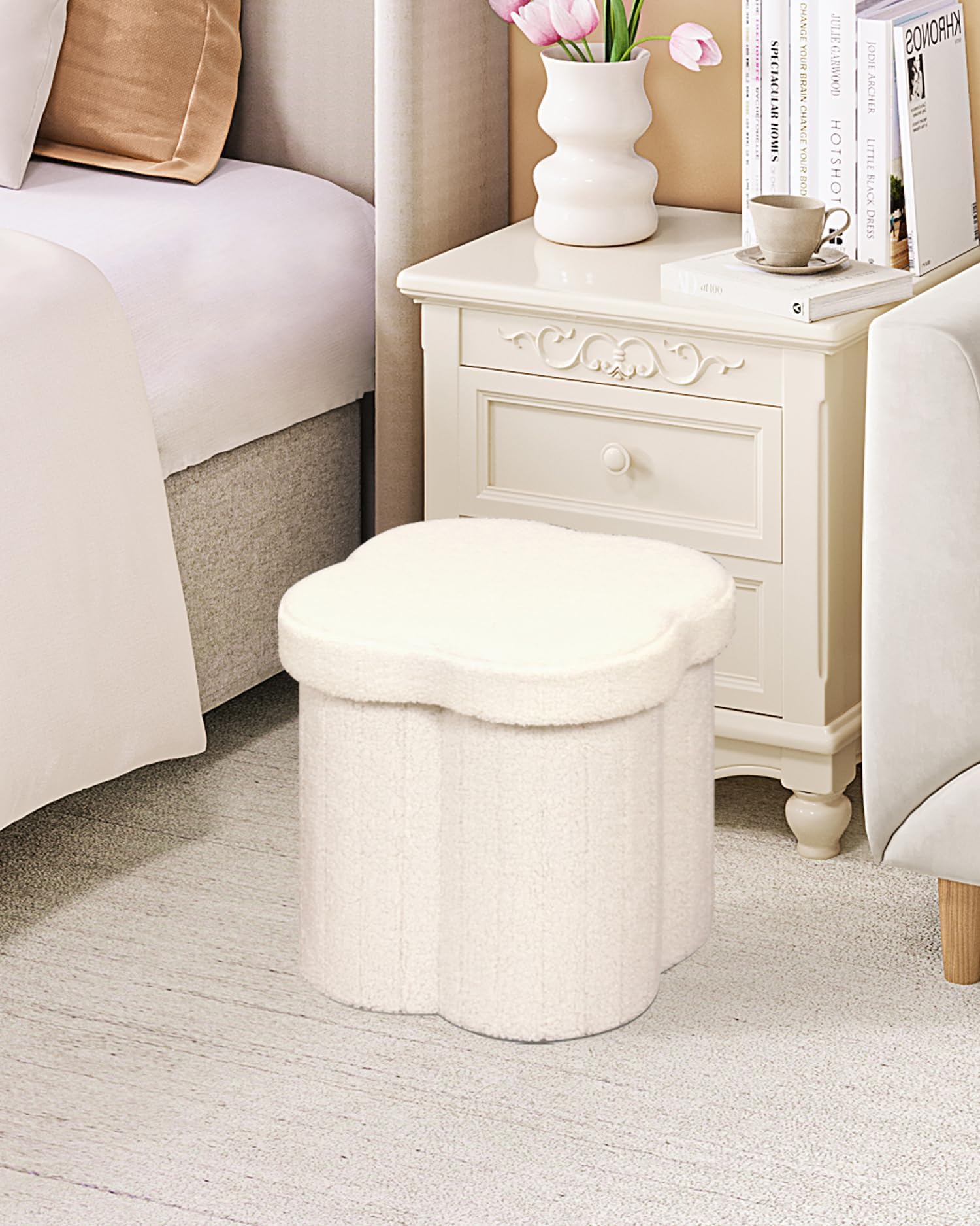 B FSOBEIIALEO Storage Ottoman Cube, Flowers Shaped Ottomans with Storage Foot Stool Footrest for Lving Room, Boucle Ottoman Seat for Dorm Room,Faux Teddy Fur,White 12.6"x12.6"x12.6" Dormly