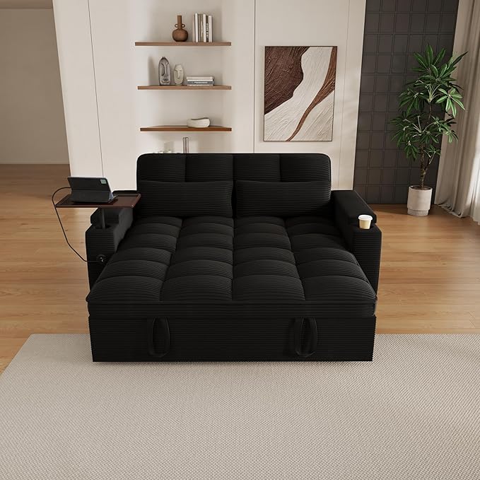 65" Sofa Bed, Loveseat 3-in-1 Sleeper Sofa with Pull Out Bed, 360° Swivel Side Table and USB, 2 Seater Convertible Small Couch for Living Room Apartment (Black, Corduroy)