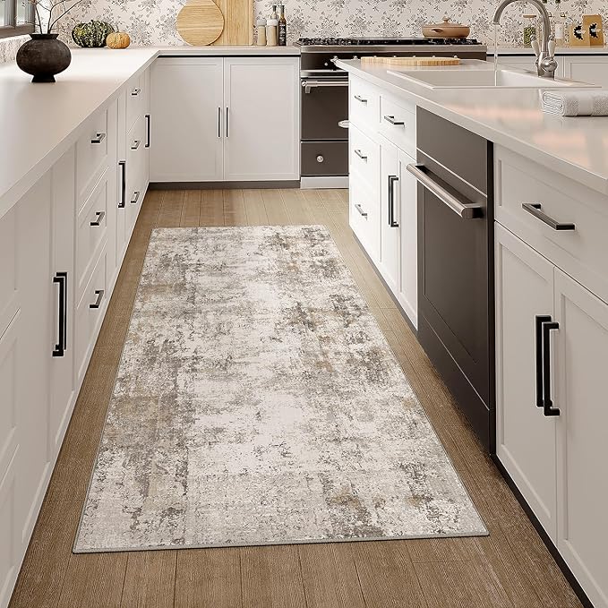 2x5 Washable Runner Rug Brown Grey Abstract Hallway Kitchen Throw Rug Neutral Modern Non Slip Soft Low Pile Carpet for Bathroom Laundry Bedroom Living Room