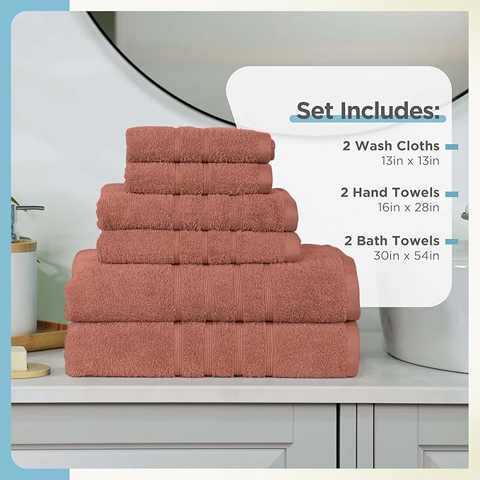 Martex 6-Piece Towel Set – Ultimate Performance – 100% Cotton – 2 Bath Towels – 2 Hand Towels – 2 Wash Cloths – Versatile – Low-Linting – Supersoft & Absorbent Bathroom Set – Easy Care – Terracotta