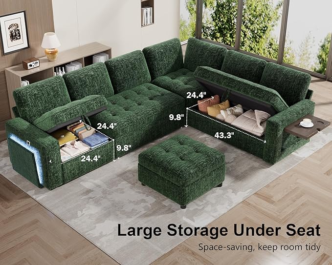 WEUP 7 Seat L Shaped Sectional Sleeper Sofa Bed with Pull Out Bed, Chenille Sectional Sleeper Couch with Ottoman, Adjustable Backrest, USB Ports, LED, Side Table, Tool-Free Assembly, Chenille Green