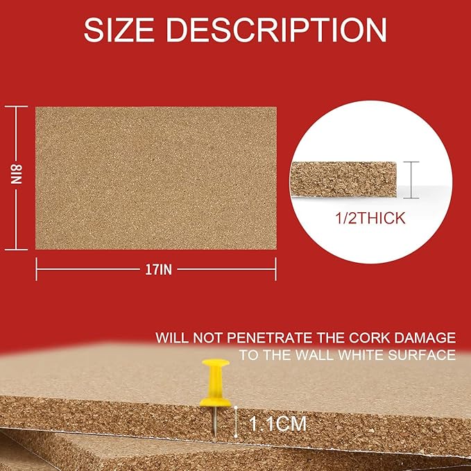Cork Board Tiles 17”X 8” – 1/2” Thick Cork Board – Bulletin Board – Pin Board Decoration for Pictures,Ultra Strength Adhesive Backing – 6 Pieces Cork Boards for Walls – 1 Box Push Pins