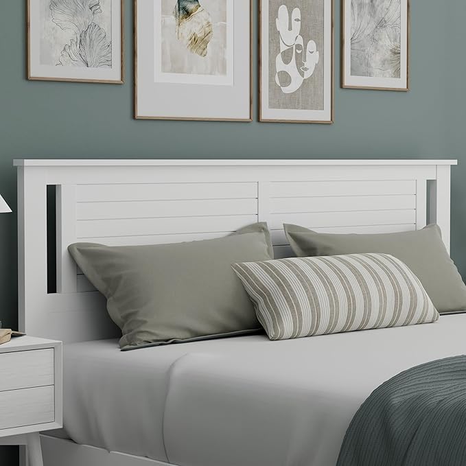 Serene Poplar Wood King Size Headboard in White, Modern Farmhouse Panel with Horizontal Scoring, Casual Coastal Style, Easy Assembly, Quality Materials