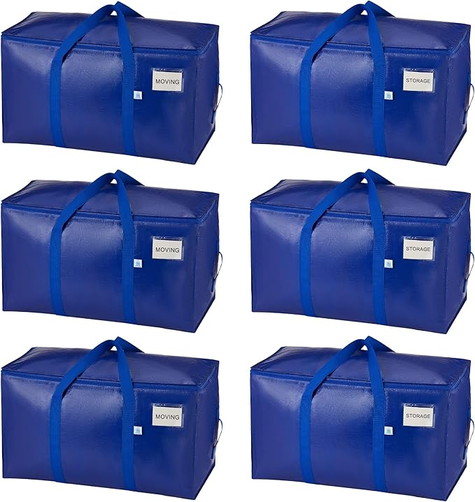 VENO 6 Pack Moving Bags, Upgraded Heavy Duty, Moving Boxes Alternative, Packing Storage Supplies for Dorm Room Essentials with Zipper for Clothes, Large Totes for Packaging (Blue, 6 Pack)