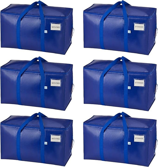 VENO 6 Pack Moving Bags, Upgraded Heavy Duty, Moving Boxes Alternative, Packing Storage Supplies for Dorm Room Essentials with Zipper for Clothes, Large Totes for Packaging (Blue, 6 Pack)