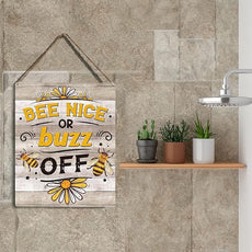 YCYD Bee Decor Bee Nice Or Buzz Off Wooden Hanging Sign, Rustic Farmhouse living room Decorations for Home Kitchen Wall Art Sign 10x8 Inches Inspirational Gift for Bee Farm Owners