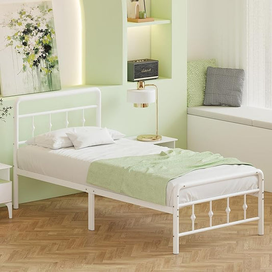 14 Inch White Twin XL Bed Frames with Headboard and Footboard, Metal Bed Frame Twin XL Victorian Style, Heavy Duty Mattress Foundation, No Box Spring Needed, Easy Assembly
