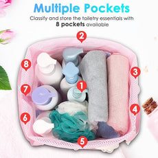 Mesh Shower Caddy Portable with Drawstring, Dorm Room Essentials for College Girls Guys, 8-Pocket Extra Large Shower Bag Basket Tote for Camping Beach Gym Travel Toiletry Bathroom