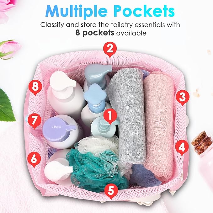 Mesh Shower Caddy Portable with Drawstring, Dorm Room Essentials for College Girls Guys, 8-Pocket Extra Large Shower Bag Basket Tote for Camping Beach Gym Travel Toiletry Bathroom