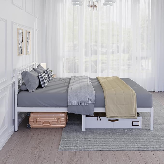 14 Inch Bamboo Bed Frame – Solid Wood Platform Bed Frame, Strong and Stable, with Non-Slip Slats for Support, No Box Spring Needed, Easy to Assemble, Noise-Free (White, Queen with Headboard)