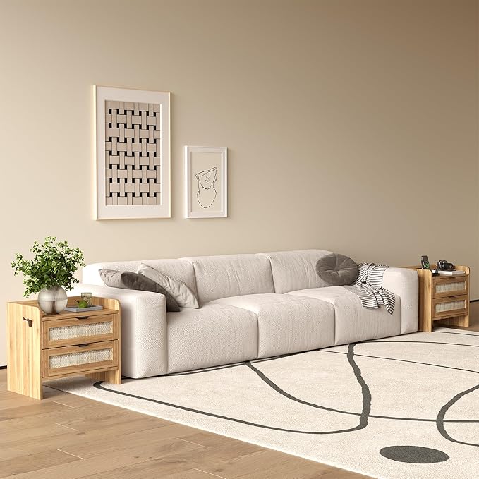 Rattan Nightstand, Bedside Table with Type-C Charging Station - 2 Storage Drawer Space, Boho End Table Side Table for Bedroom Office, Large Night Stand with Charging Port