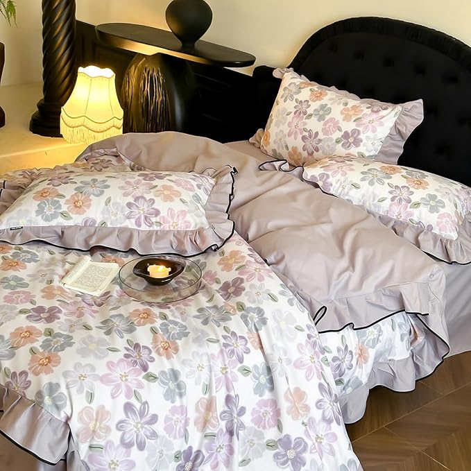 HighBuy Aesthetic Floral Duvet Cover Set King Ruffle Vintage,100% Brushed Cotton Coquette Ruffle Bedding Set,Purple Blush Flowers Bedding Set,Duvet Cover with 2 Pillowcases (20"x36")
