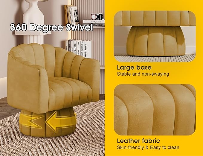 Modern 360 Degree Leather Swivel Cuddle Barrel Accent Sofa Chairs, Round Armchairs with Wide Upholstered, Leather Reading Chair for Living Room, Bedroom, Office, Waiting Rooms, (Mustard)