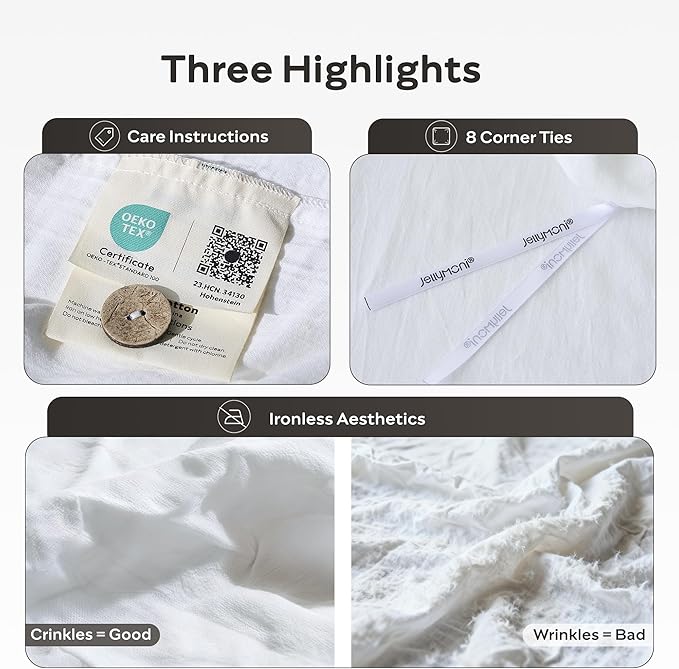 JELLYMONI Washed Cotton Duvet Cover - Off White, Oversized Queen Size 98x98 Inches, 3-Piece Bedding Set with Button Closure, Includes 1 Duvet Cover & 2 Pillowcases (Comforter Not Included)