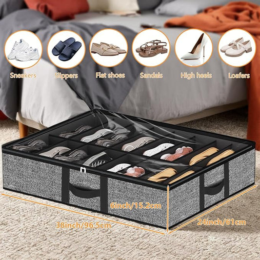 homyfort Under Bed Shoe Storage Organizer Fits 16 Pairs Shoes and 4 Pairs Boots, Underbed Shoe Storage Boxes Bins, Organizador De Zapatos, Extra Large Zapateras Organizer for closet, Black, Set of 2
