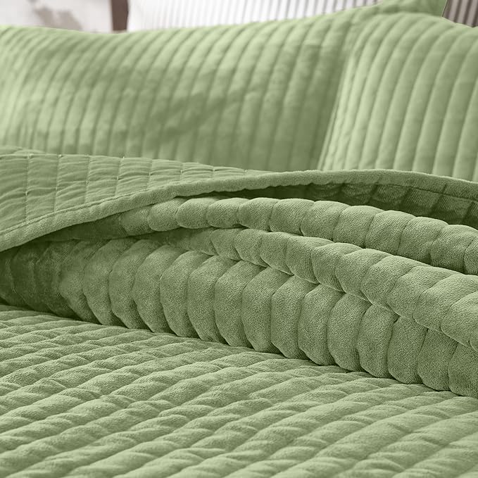 Wonderful Velvet Quilt Queen Size Stitched Green Bedding Set, Brushed Stitched Lightweight Comforter, Luxious Boho Bedspread Soft Faux Suede Coverlet with Shams for All Season (Mint Green)