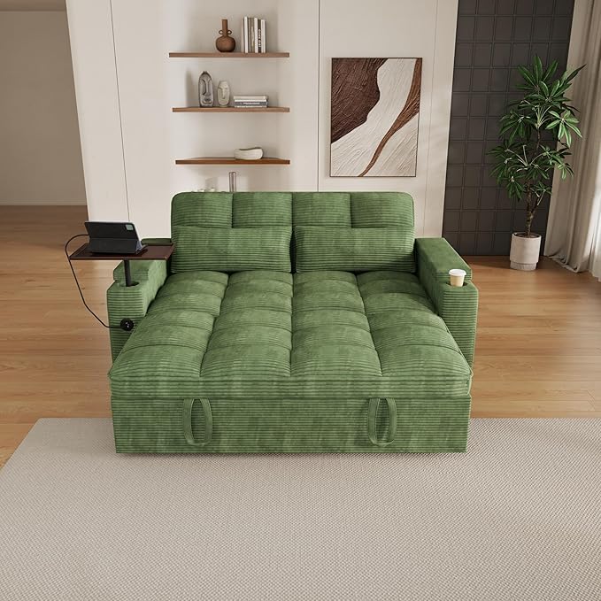 65" Sofa Bed, Loveseat 3-in-1 Sleeper Sofa with Pull Out Bed, 360° Swivel Side Table and USB, 2 Seater Convertible Small Couch for Living Room Apartment (Green, Corduroy)