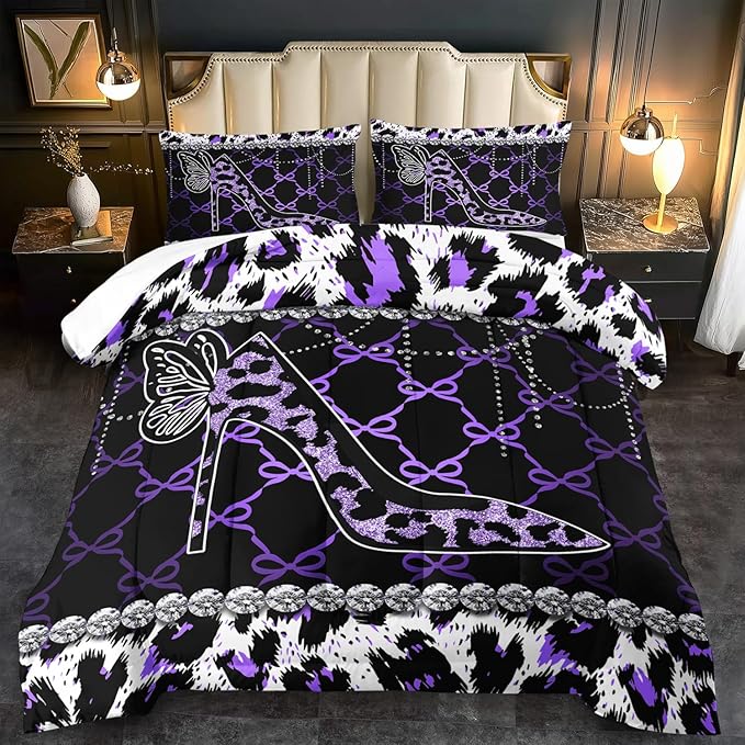Purple Cheetah Print Comforter Set Queen Women Sexy High Heels Leopard Print Bedding Set Girls High Heels Leopard Comforter Quilt Animal Bedroom Decor Cheetah Bedding Bed Decor
