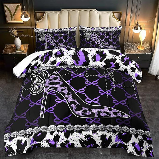 Purple Cheetah Print Comforter Set Twin Women Sexy High Heels Leopard Print Bedding Set Girls High Heels Leopard Comforter Quilt Animal Bedroom Decor Cheetah Bedding Bed Decor
