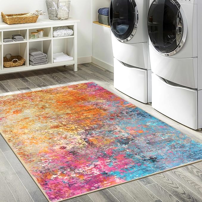 Lahome Modern Abstract Area Rug - 3x5 Washable Kitchen Rugs Colorful Bedroom Rug Non Slip Entryway Rugs, Rainbow Contemporary Indoor Floor Accent Carpet for Kitchen Sink Living Bathroom Doorway