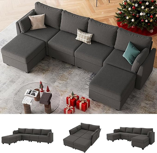 114.17" Modular Sectional Sofa, 6 Seat Modular Couch with Storage, Memory Foam, Convertible Sectional Couches for Living Room, U Shaped Comfy Modular Sofa with Chaise, Dark Grey