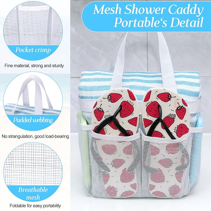 Hillban 4 Pcs Mesh Shower Caddy Portable Large Quick Dry Shower Caddy Basket with Deeper 8 Pockets and 2 Handles Hanging Bag for College Dorm Room(White)