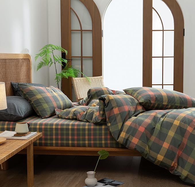 VM VOUGEMARKET Teen Boys Duvet Cover Set Twin Orange Grey Green Gingham Duvet Cover with Zipper Closure Soft Washed Cotton Modern Cozy Bedding Set- 68x86 Inch