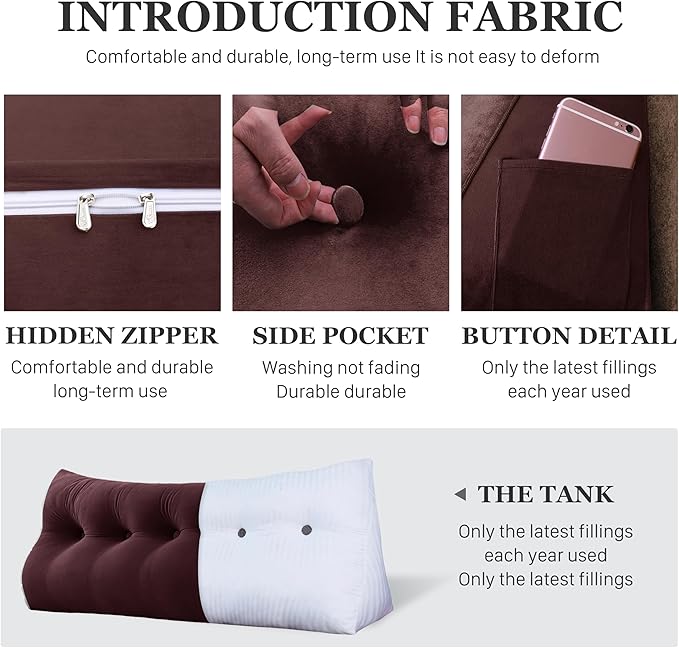 11 lbs Thickened Queen Headboard Pillow for Sitting Up in Bed, Back Support Reading Pillow with Side Pocket and Velvet Removable Cover, Triangular Large Wedge Headboard Pillow