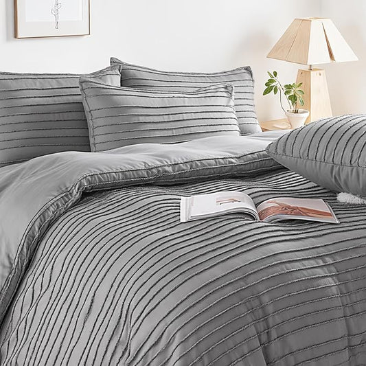 NEXHOME PRO Duvet Cover Queen Size, Grey 3 Pieces Boho Tufted Duvet Cover Set, Soft and Lightweight Microfiber Comforter Cover Set for All Season (Grey Queen, 90 x 90)-No Comforter