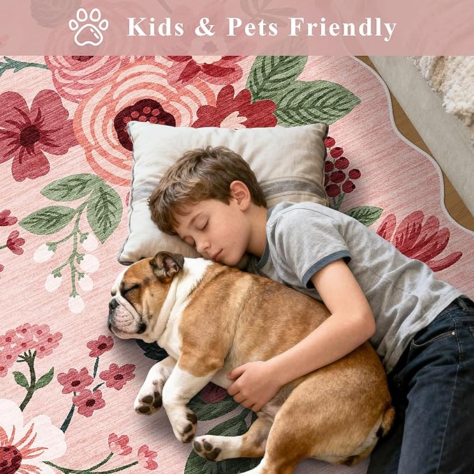 DUKINO 2.6x8 Runner Rug for Hallway, Washable Kitchen Rug with Non Slip Backing & Non-Shediing, Soft Low Pile Floral Design Runner for Bedroom, Kithchen, Living Room, Laundry, Bathroom, Pink