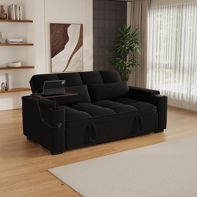 65" Sofa Bed, Loveseat 3-in-1 Sleeper Sofa with Pull Out Bed, 360° Swivel Side Table and USB, 2 Seater Convertible Small Couch for Living Room Apartment (Black, Corduroy)