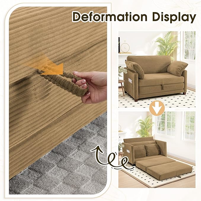 51" Convertible Loveseat Sofa Bed, 2-in-1 Folding Sofa Bed with 2 Pillow for Small Spaces, Modern Loveseat Sleeper Couch for Apartment, Living Room & Guest Room (Brown Corduroy, 51 inch)