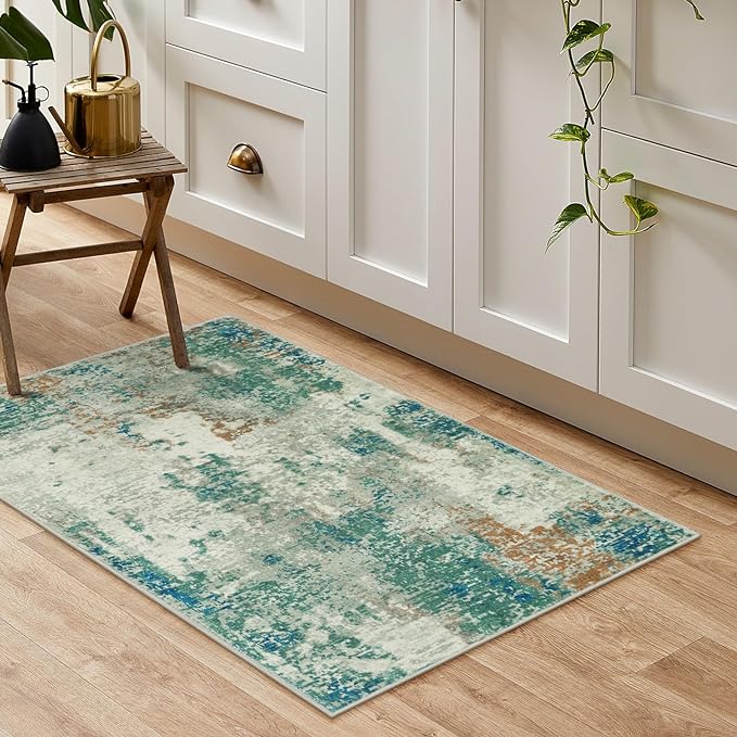 Lahome Modern Abstract Area Rug - 2x3 Small Entryway Rug Washable Rugs for Kitchen Non-Slip Soft Front Indoor Doormat Low Pile, Accent Throw Carpet for Bathroom Laundry Floor Mats,Green/Grey