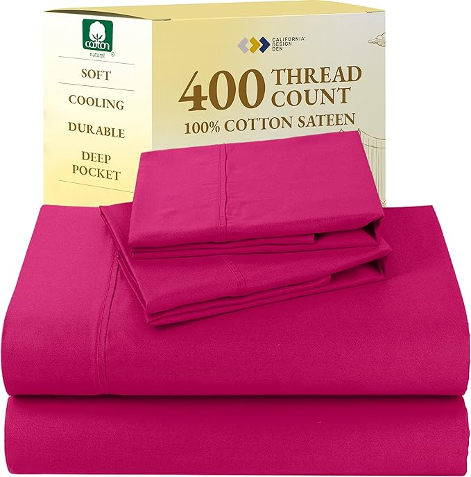 California Design Den Natural 100% Cotton Bed Sheets King Size Set - 400 Thread Count Sateen, Deep Pocket King Size Sheet Set, All Around Elastic, Soft, Durable Bedding - Hot Pink